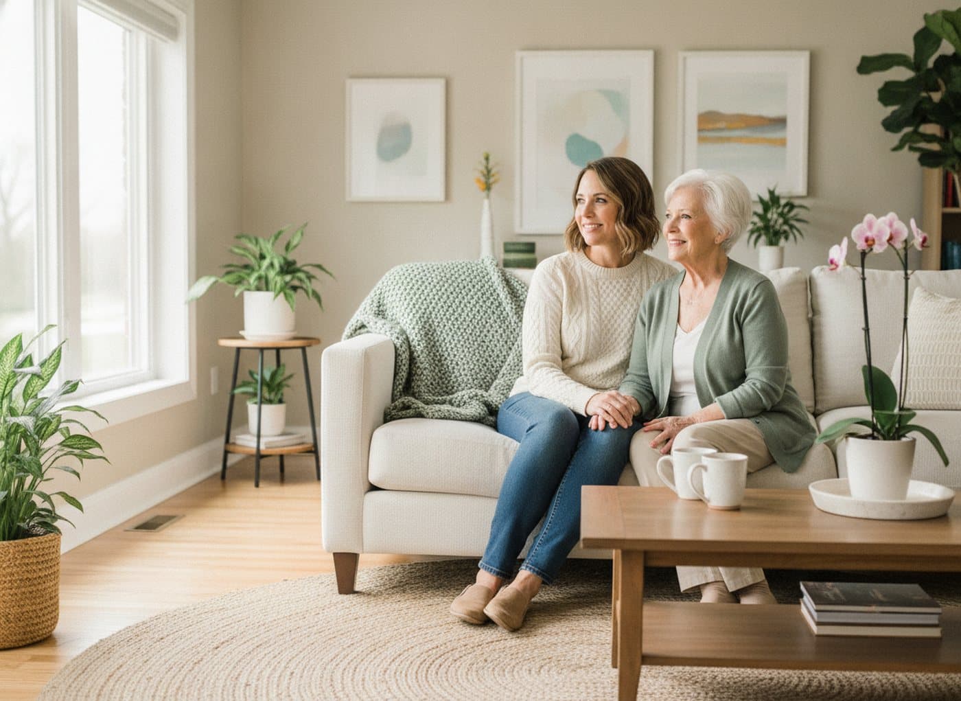A caregiver sitting close to a loved one on a sofa in a bright living room