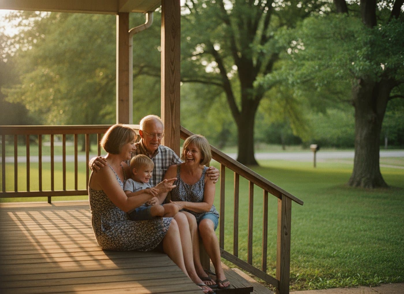 A multigenerational family together on a front porch at golden hour