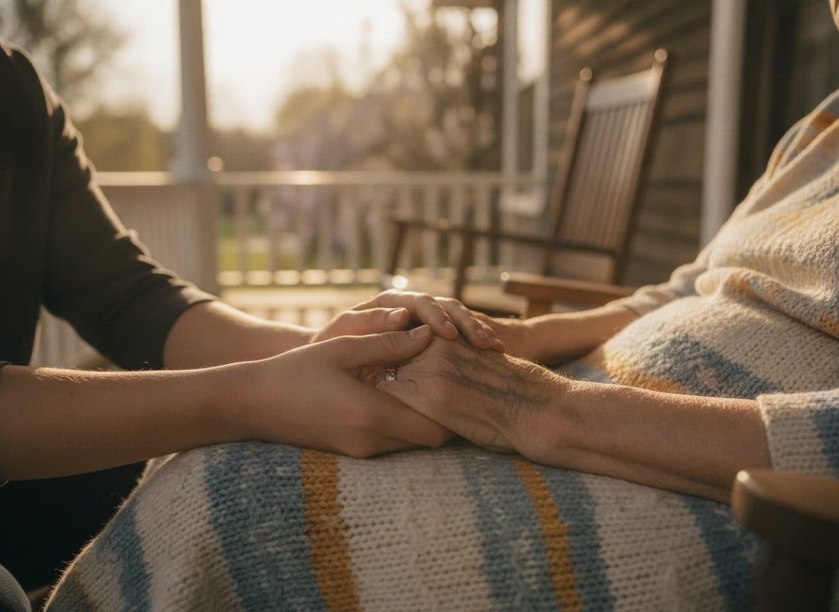 A caregiver's hands gently holding a loved one's hands on a porch